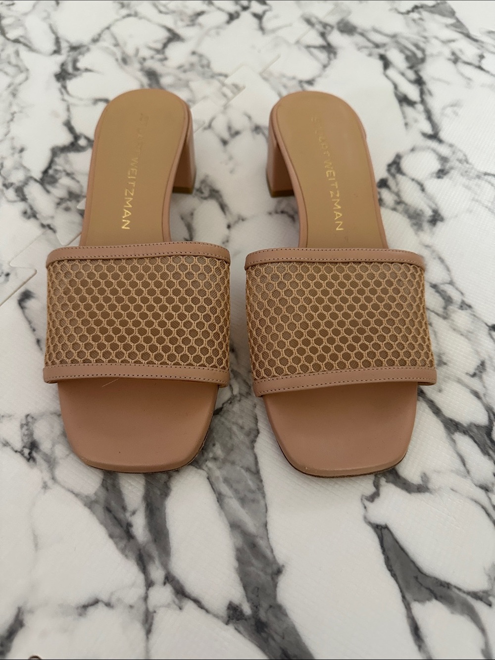 Stuart Weitzman Beige Mesh Block Heel Mules